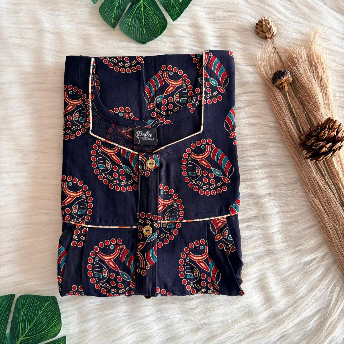 Navy-Blue Ajrakh Printed Gujari Cotton Button Zip Nighty | Free Size | Chest Width 44″| Length 55″-56″