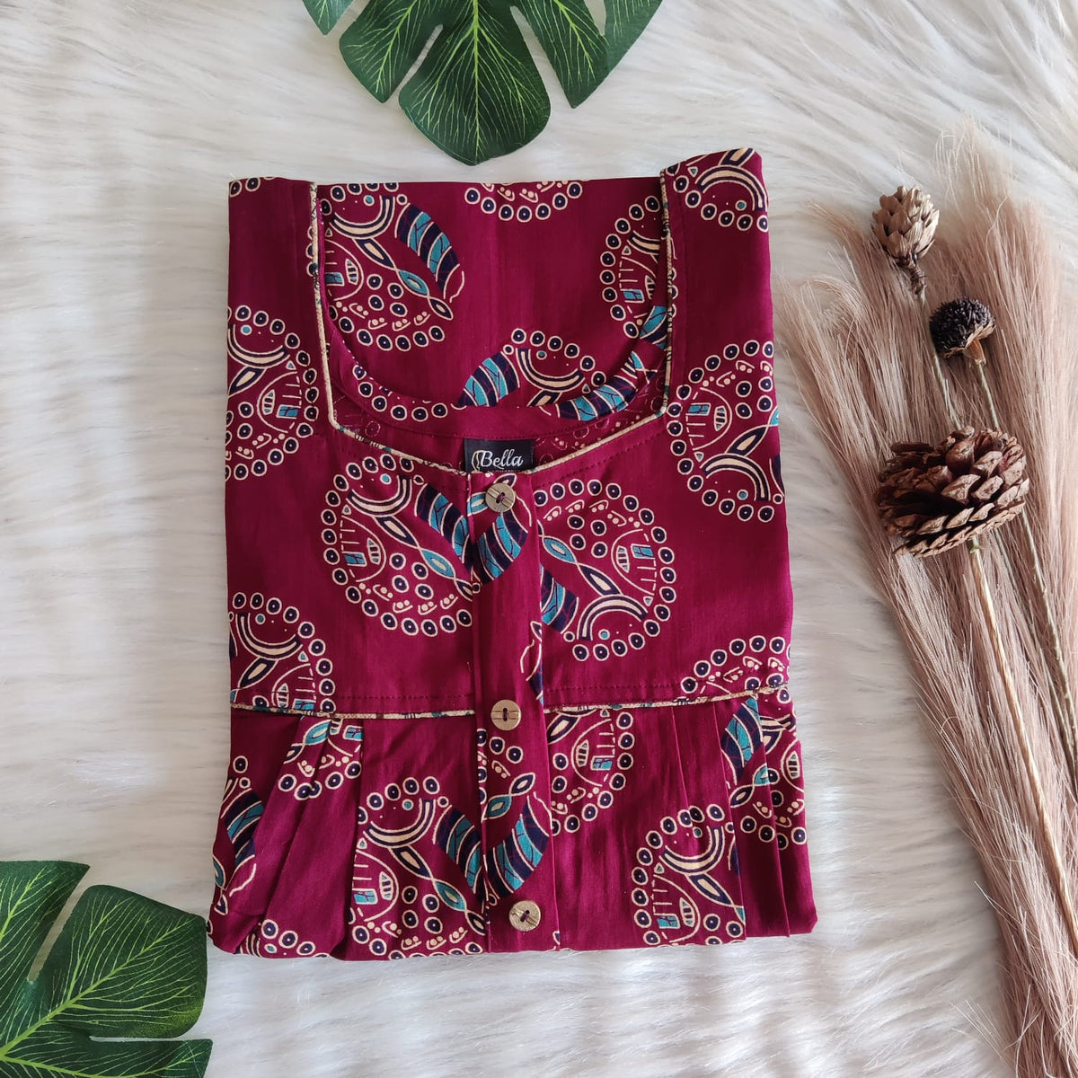 Maroon Printed Gujari Cotton Button Zip Nighty | Free Size | Chest Width 44″| Length 55″-56″