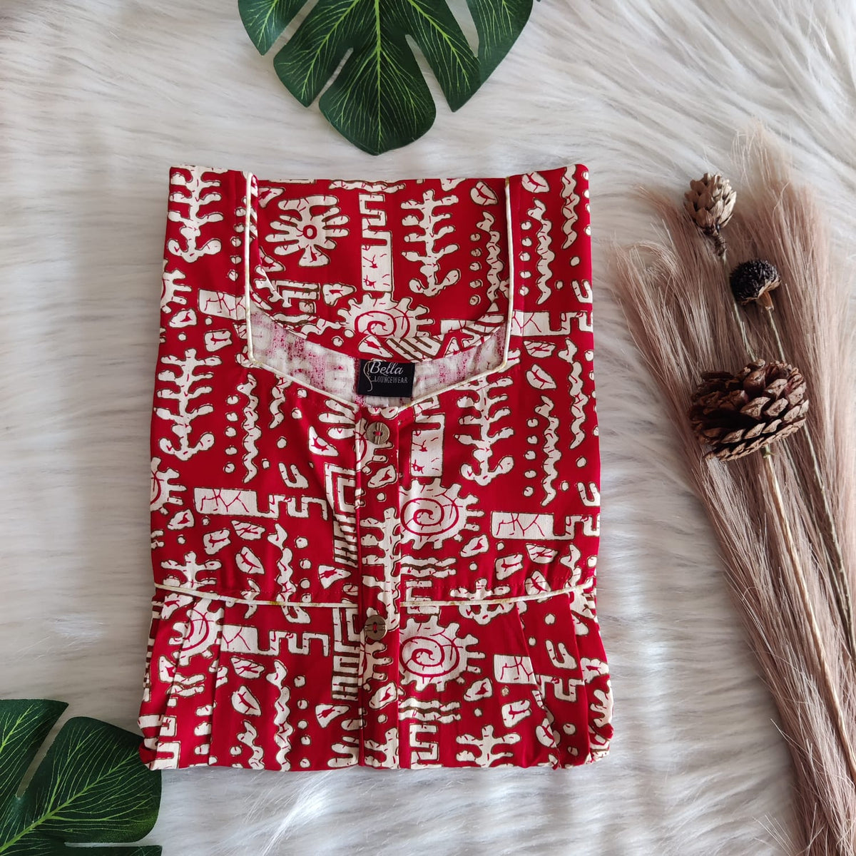 Red And Cream Printed Gujari Cotton Button Zip Nighty | Free Size | Chest Width 44″| Length 55″-56″