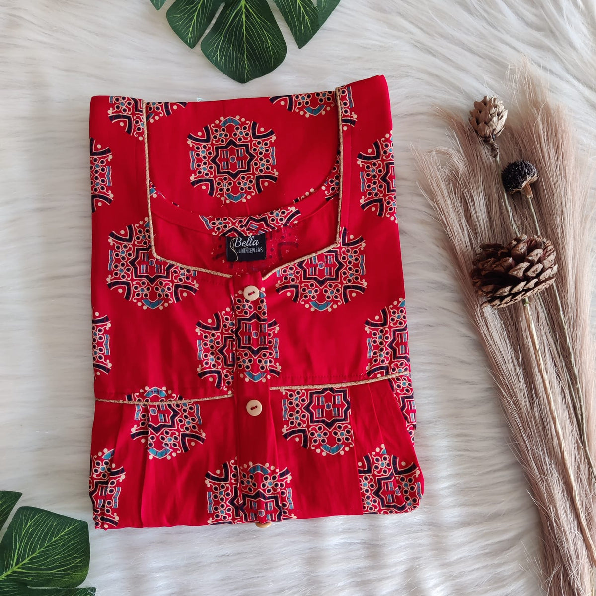 Red Printed Gujari Cotton Button Zip Nighty | Free Size | Chest Width 44″| Length 55″-56″