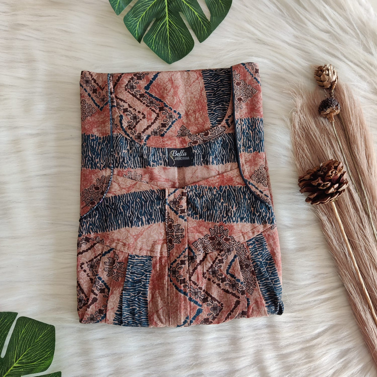 Brown And Blue Printed Premium Cotton Pleated Zip Nighty | Free Size | Chest Width 44″| Length 54″-55″