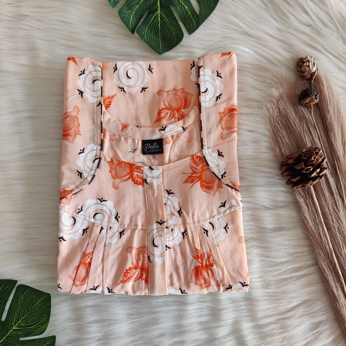 Pastel Orange Floral Printed Premium Cotton Pleated Zip Nighty | Free Size | Chest Width 44″| Length 54″-55″