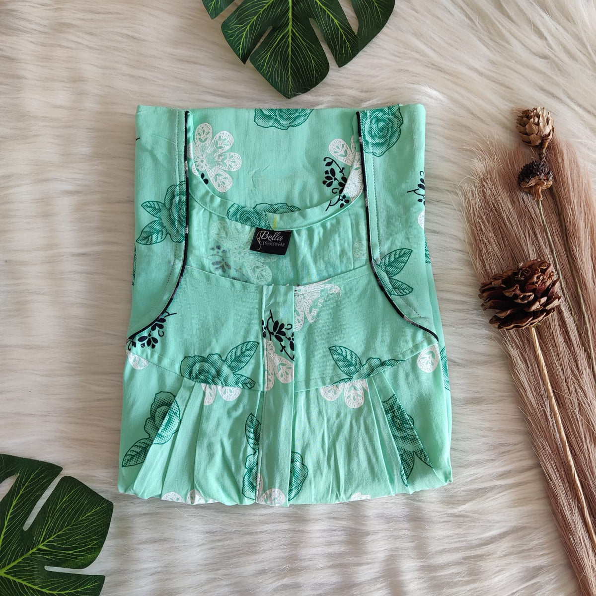 Pastel Green Floral Printed Premium Cotton Pleated Zip Nighty | Free Size | Chest Width 44″| Length 54″-55″