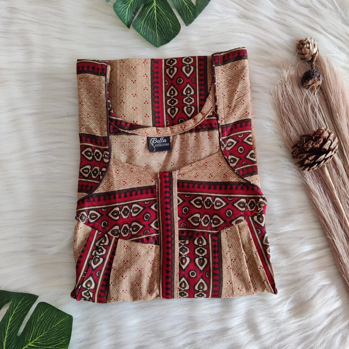 Brown And Red Printed Premium Cotton Pleated Zip Nighty | Free Size | Chest Width 44″| Length 54″-55″
