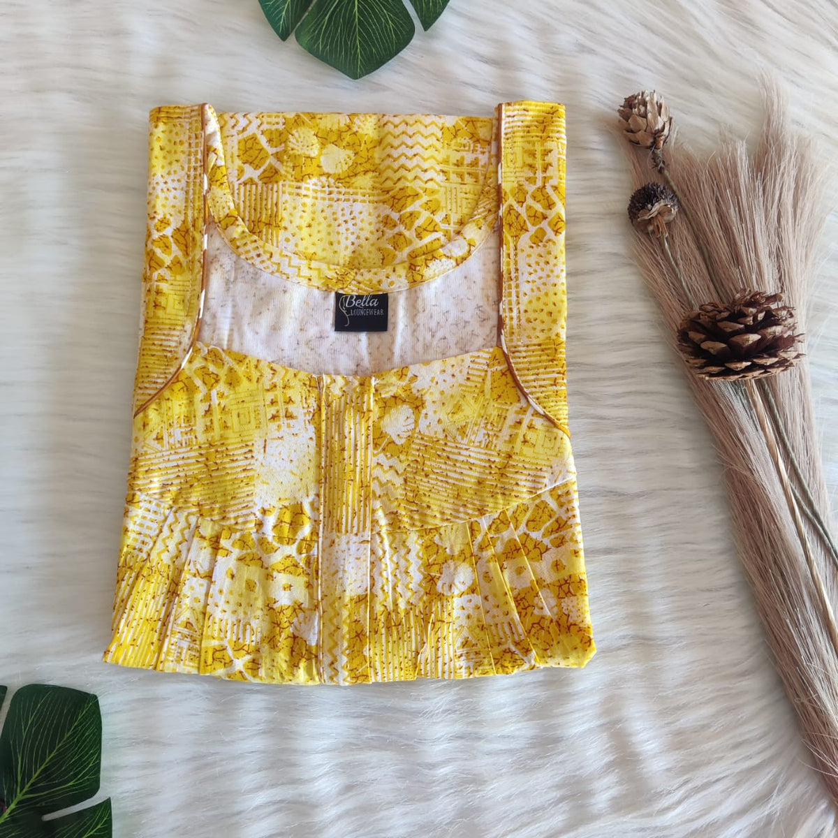 Yellow Printed Premium Cotton Pleated Zip Nighty | Free Size | Chest Width 44″| Length 54″-55″