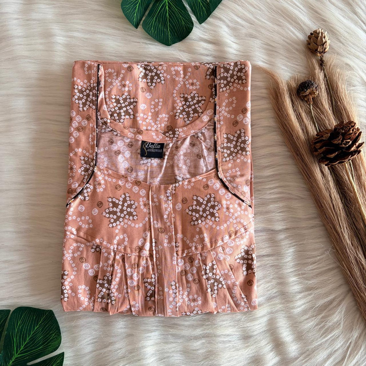 Pale Brown Bandhani Printed Premium Cotton Pleated Zip Nighty | Free Size | Chest Width 44″| Length 54″-55″