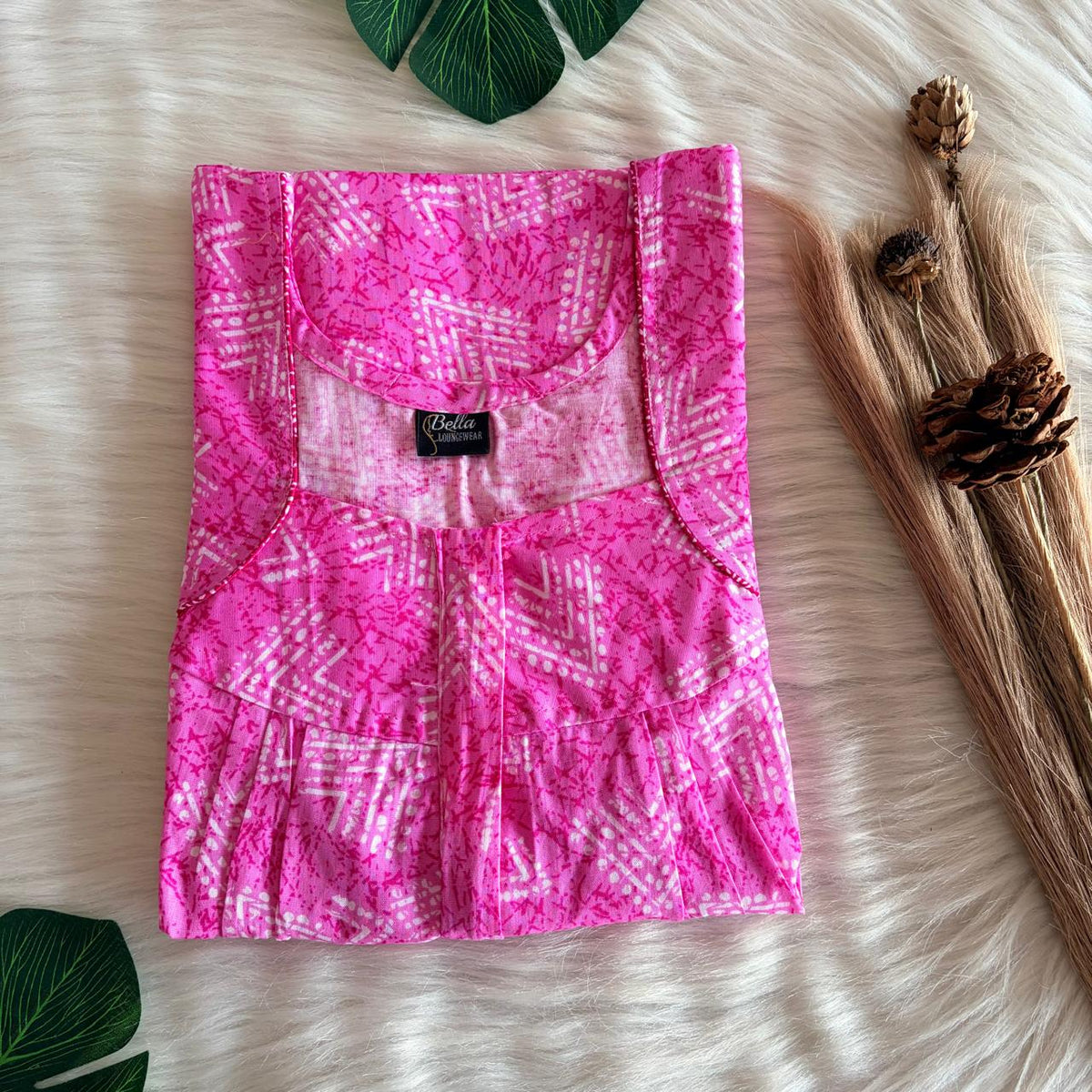 Pink Printed Premium Cotton Pleated Zip Nighty | Free Size | Chest Width 44″| Length 54″-55″