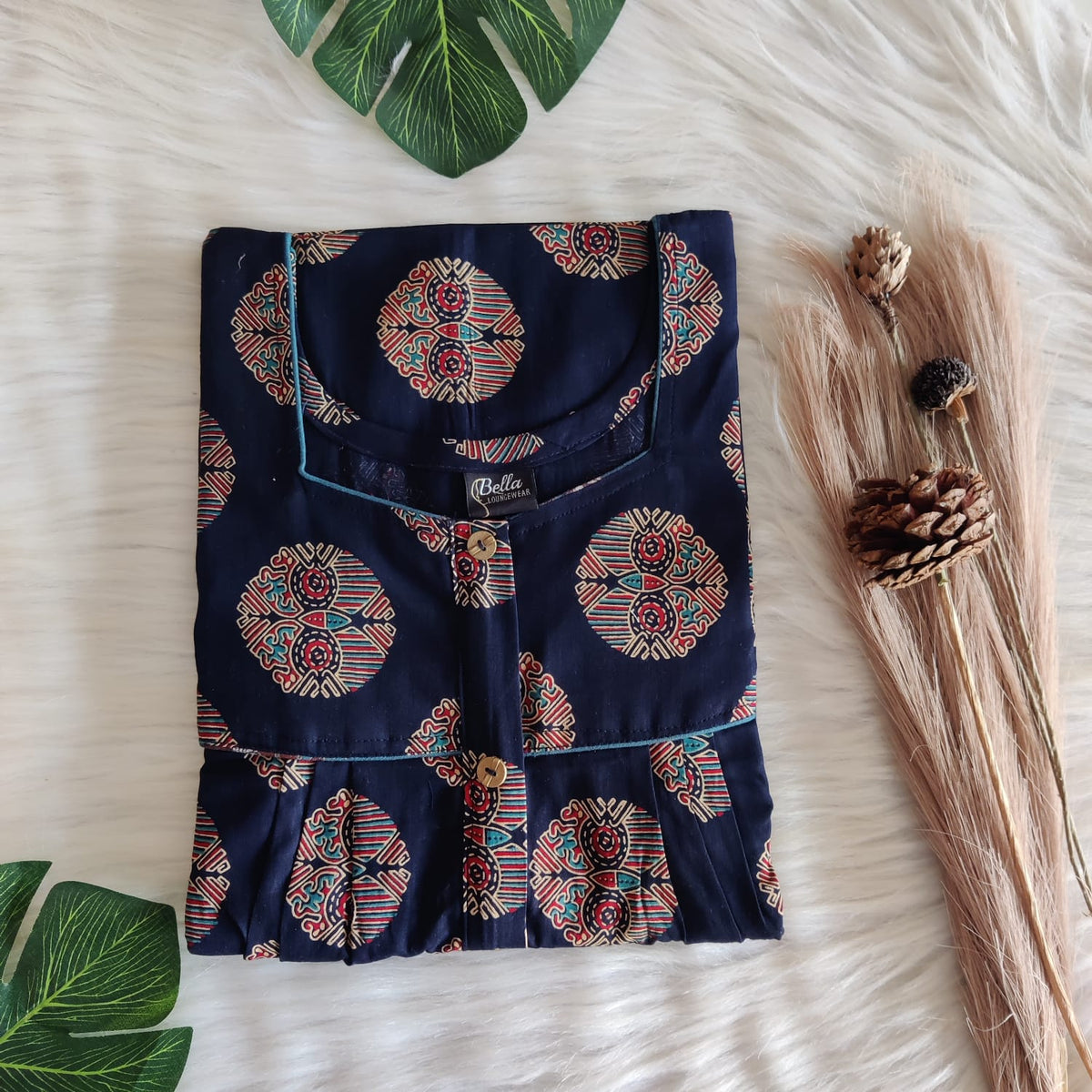 Navy-Blue And Red Floral Printed Gujari Cotton Button Zip Nighty | Free Size | Chest Width 44″| Length 55″-56″