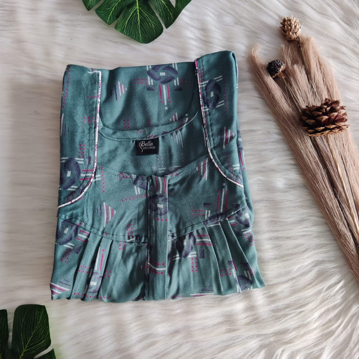 Green Printed Alfine Pleated Zip Nighty | Free Size | Chest Width 44″| Length 54″-55″