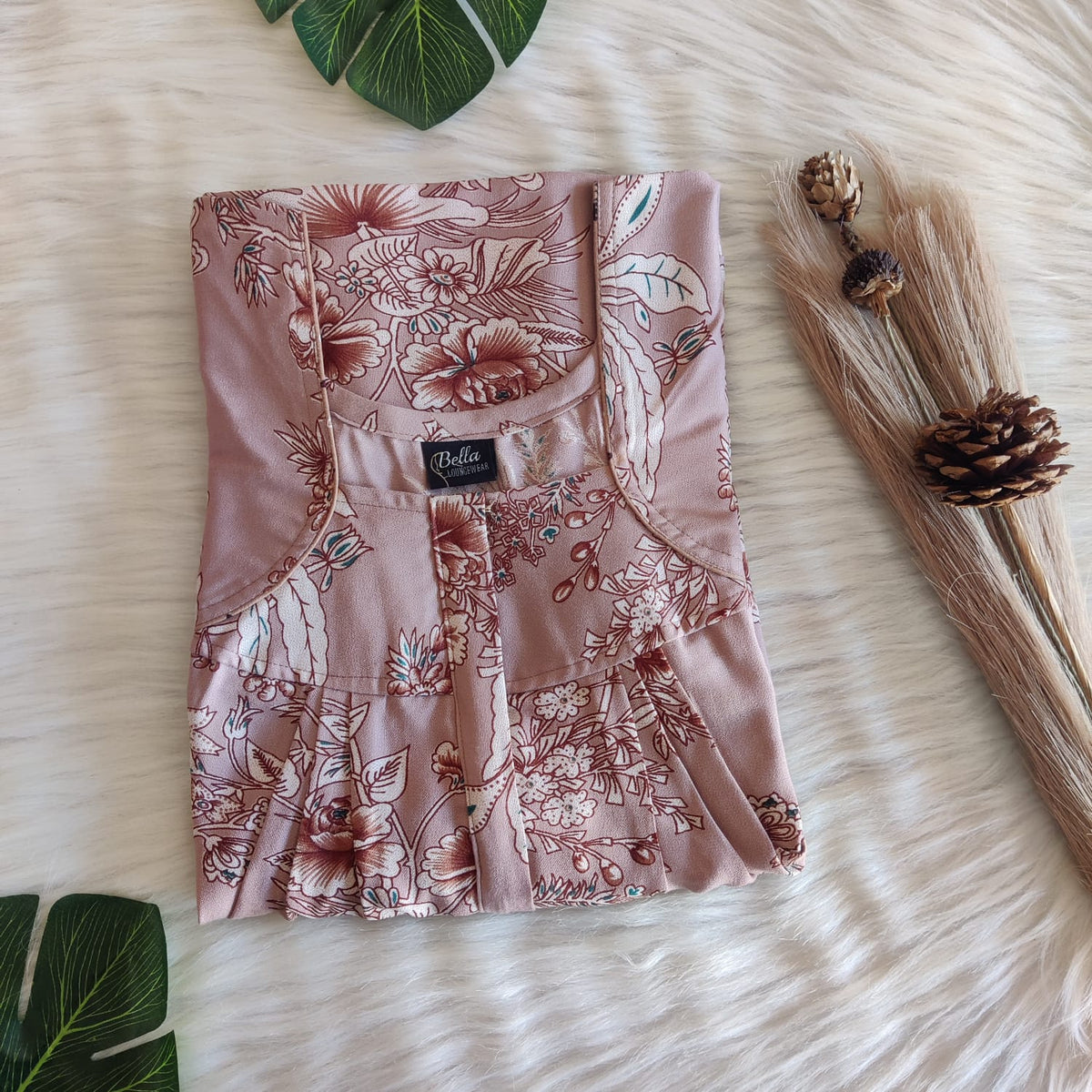Pastel Pink Floral Printed Alfine Pleated Zip Nighty | Free Size | Chest Width 44″| Length 54″-55″