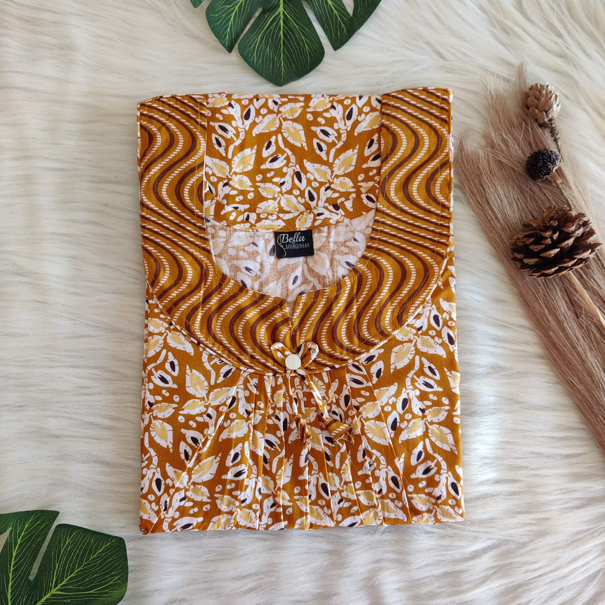 Brown And White Printed Premium Cotton No Zip Pleated Nighty | Free Size | Chest Width 44″| Length 55″-56″