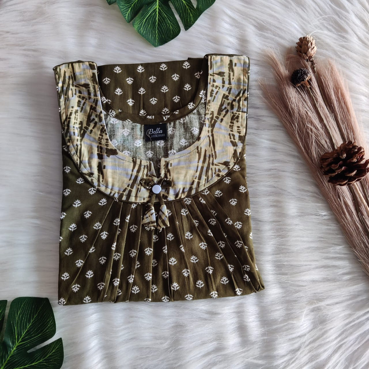 Pale And Dark Olive Green Printed Premium Cotton No Zip Pleated Nighty | Free Size | Chest Width 44″| Length 55″-56″