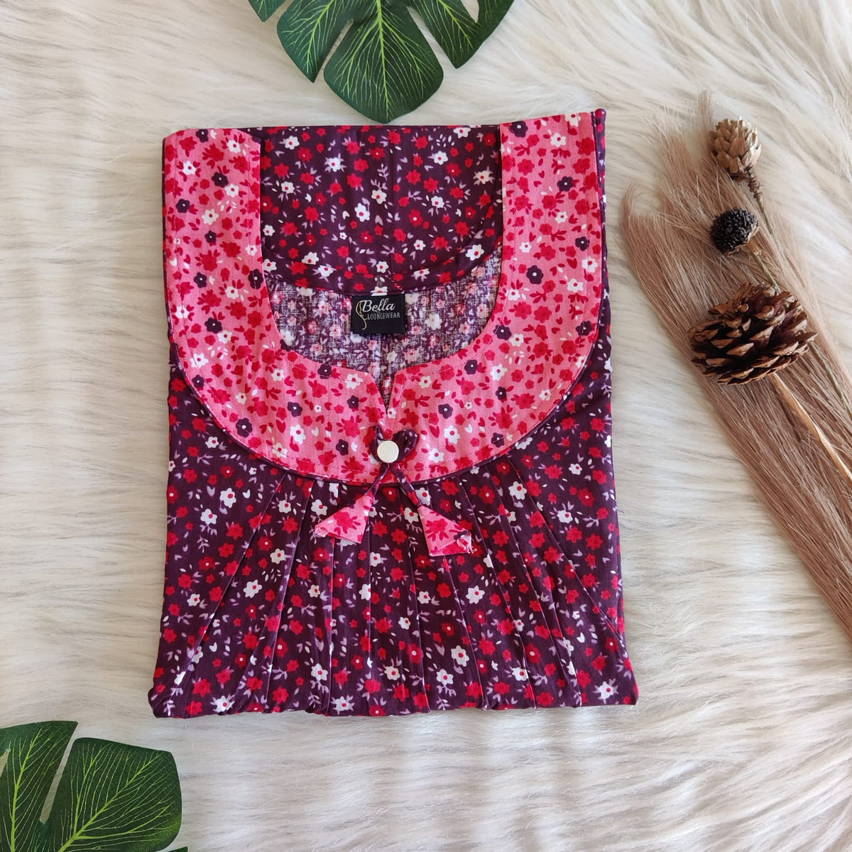 Peach And Maroon Floral Printed Premium Cotton No Zip Pleated Nighty | Free Size | Chest Width 44″| Length 55″-56″