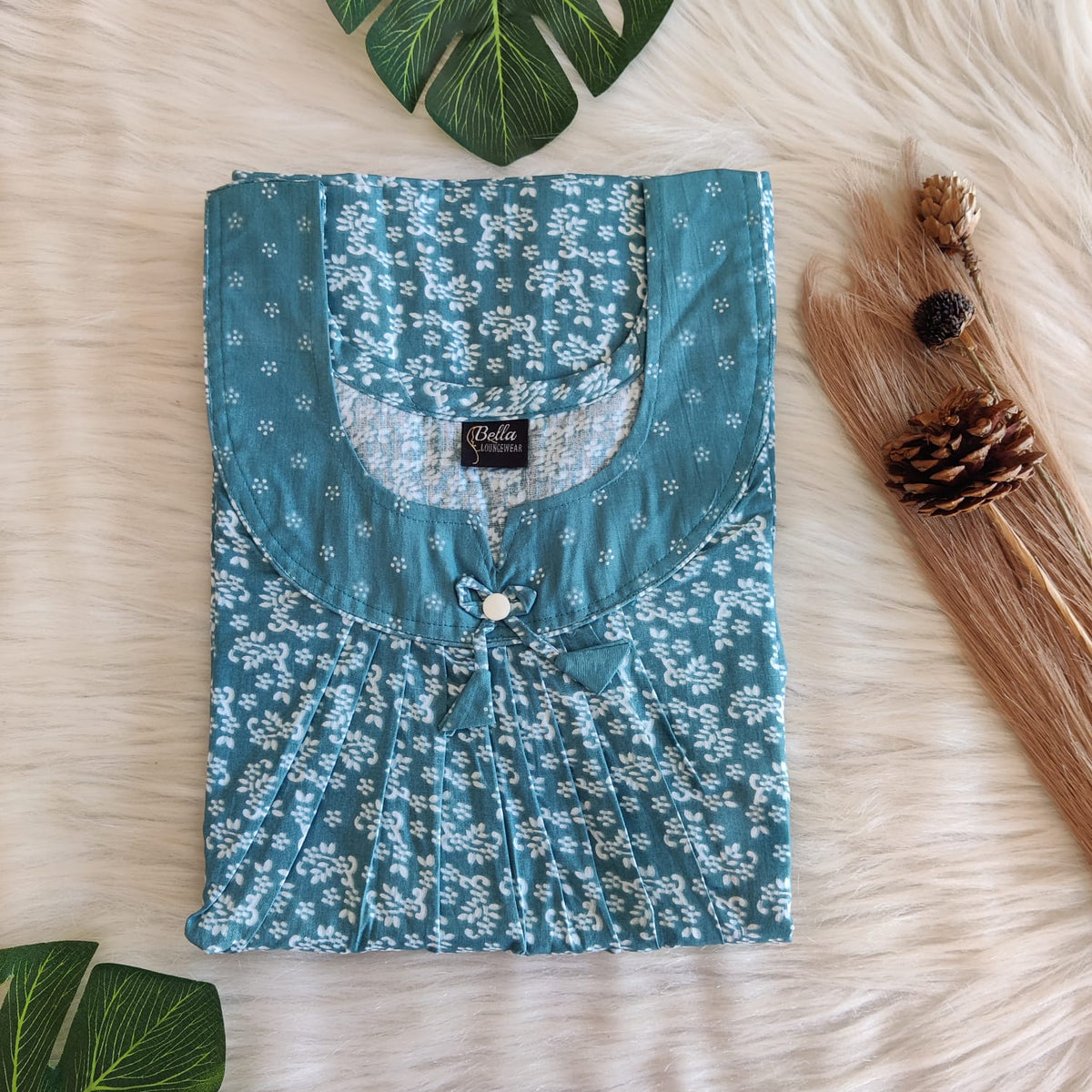 Pastel Blue And White Printed Premium Cotton No Zip Pleated Nighty | Free Size | Chest Width 44″| Length 55″-56″