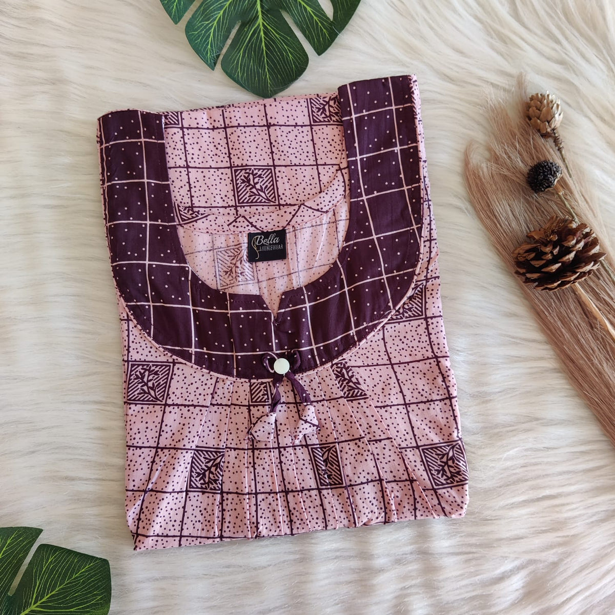 Coffee Brown And Pastel Pink Printed Premium Cotton No Zip Pleated Nighty | Free Size | Chest Width 44″| Length 55″-56″