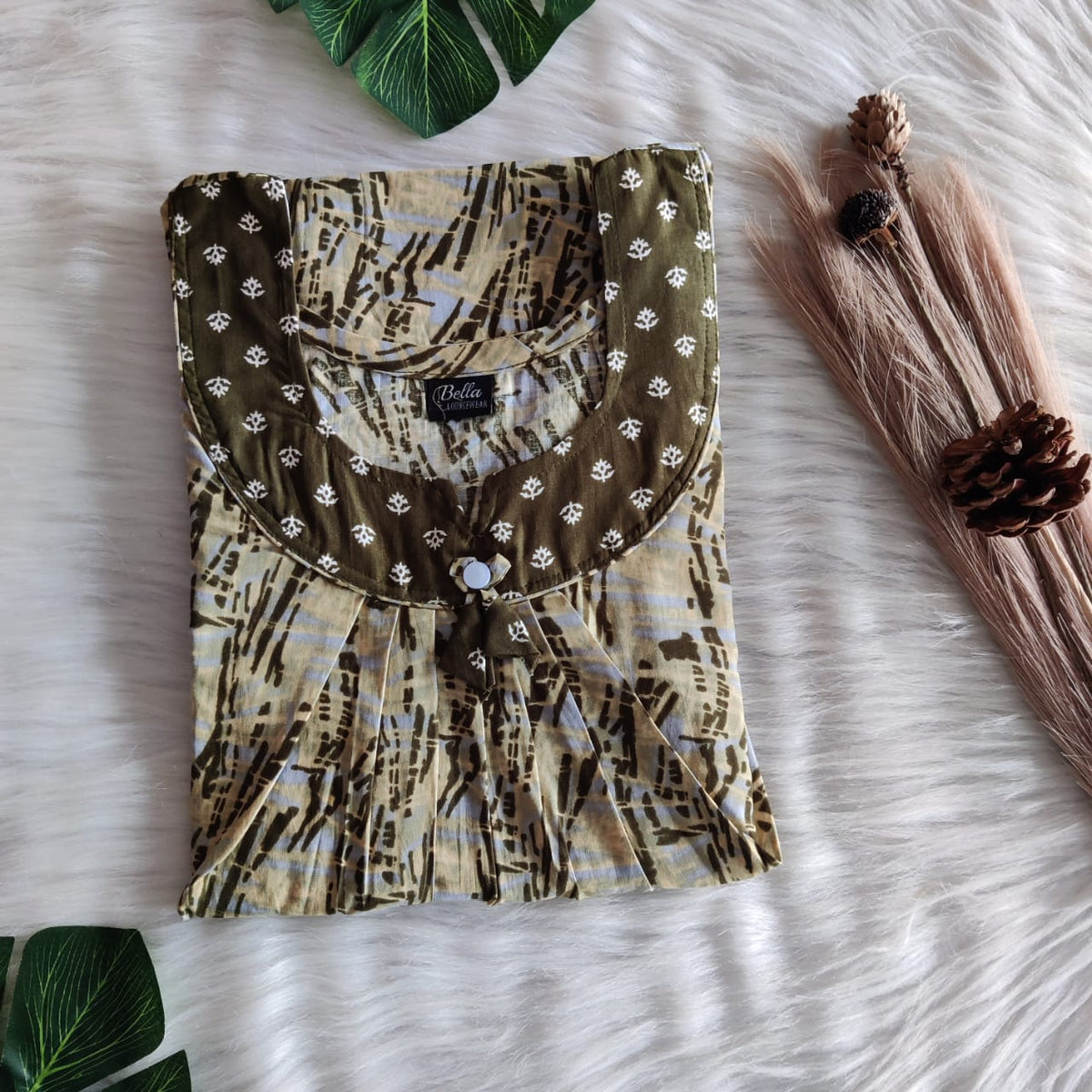 Dark And Pale Olive Green Printed Premium Cotton No Zip Pleated Nighty | Free Size | Chest Width 44″| Length 55″-56″