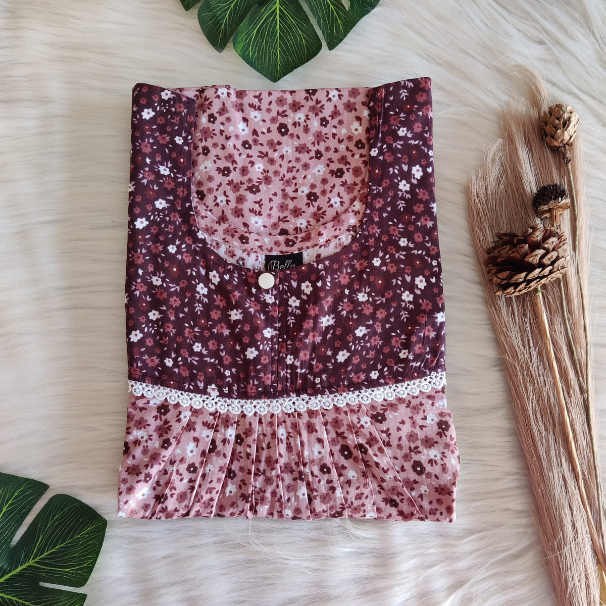 Dark And Pale Brown Printed Premium Cotton Lace Nighty | Free Size | Chest Width 44″| Length 54″-56″