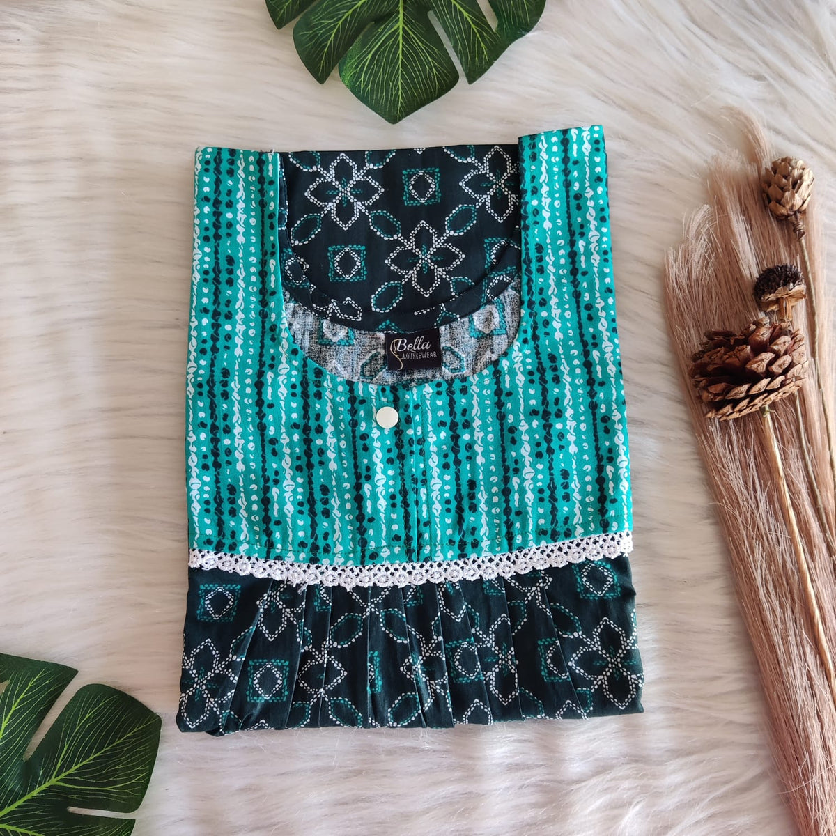 Pale And Dark Green Printed Premium Cotton Lace Nighty | Free Size | Chest Width 44″| Length 54″-56″