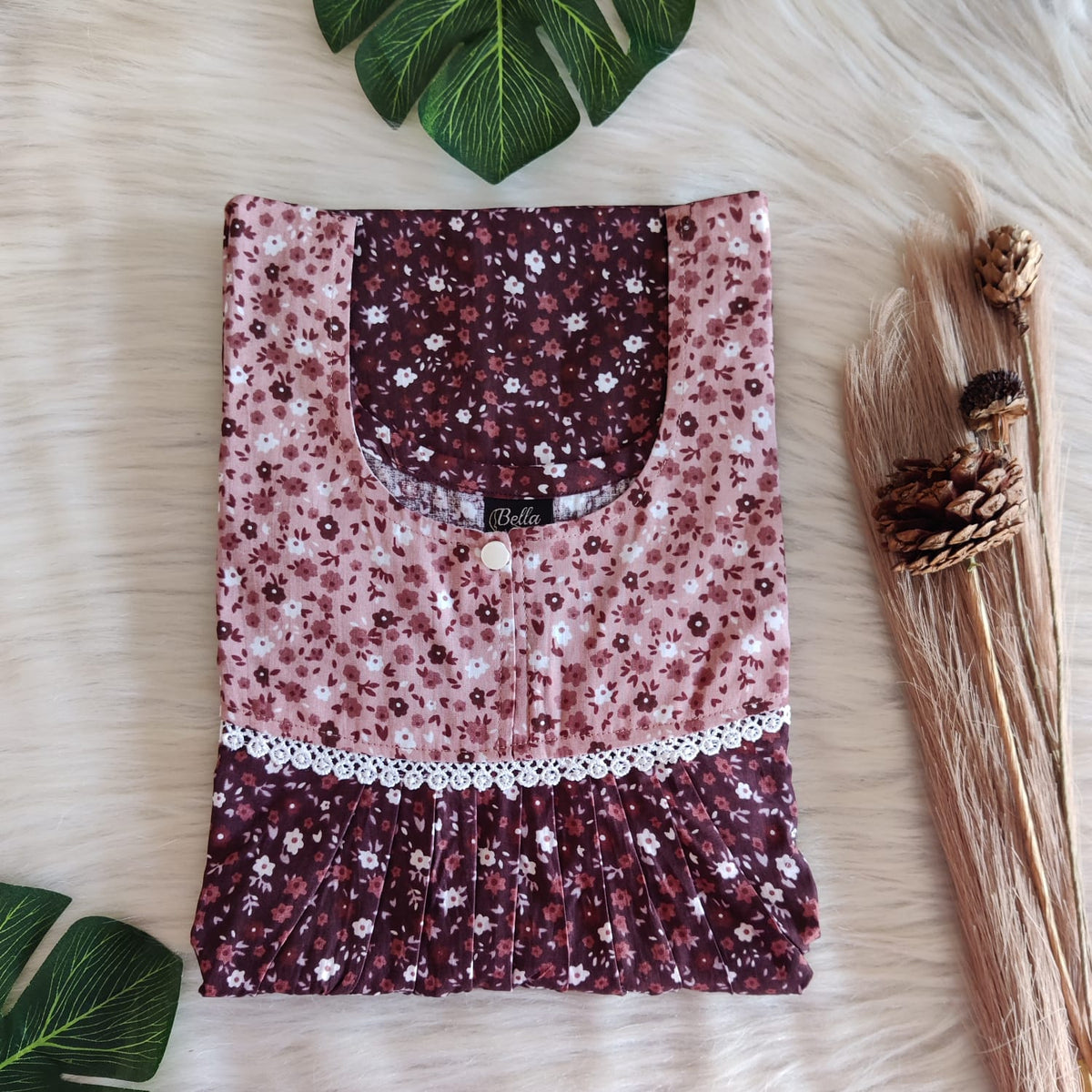Pale And Dark Brown Printed Premium Cotton Lace Nighty | Free Size | Chest Width 44″| Length 54″-56″