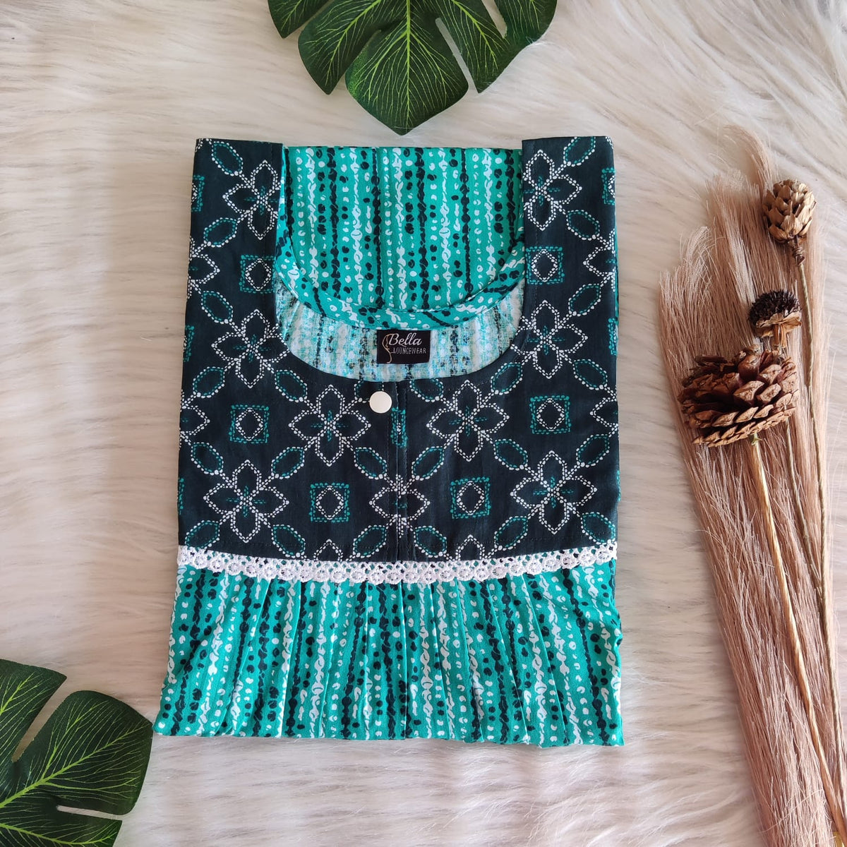 Dark And Pale Green Printed Premium Cotton Lace Nighty | Free Size | Chest Width 44″| Length 54″-56″