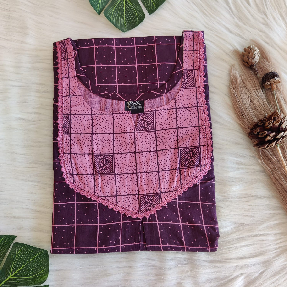 Pink And Wine Printed Premium Cotton Mix N Match Lace Pocket Nighty | Free Size | Chest Width 44″| Length 56″
