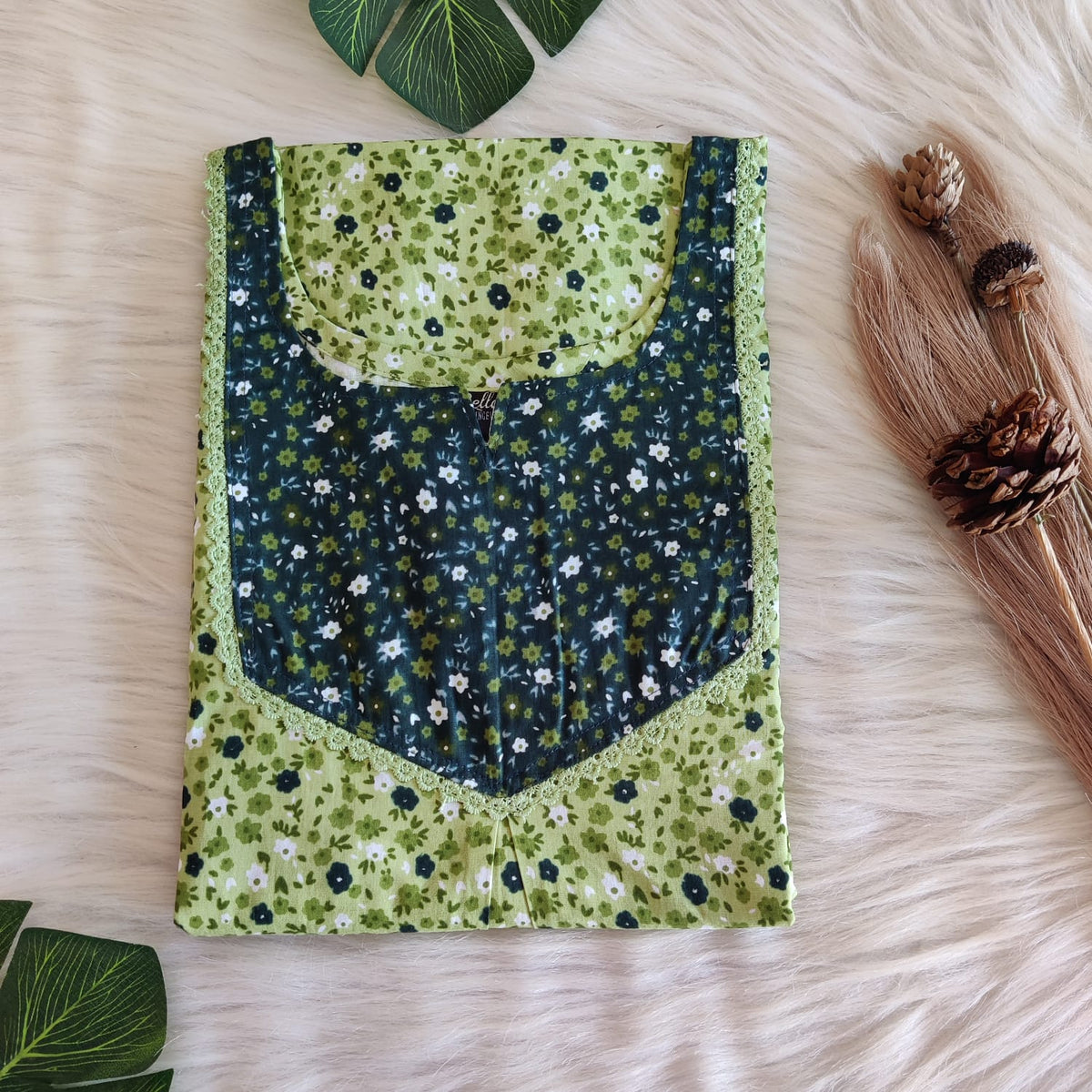 Dark And Pale Green Printed Premium Cotton Mix N Match Lace Pocket Nighty | Free Size | Chest Width 44″| Length 56″