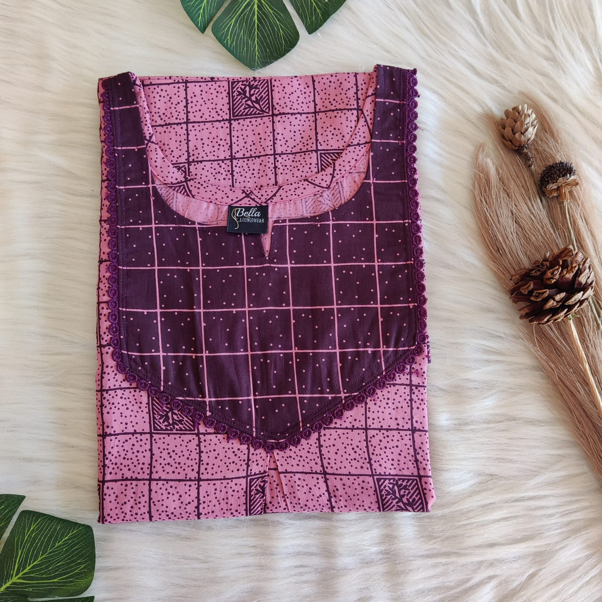 Wine And Pink Printed Premium Cotton Mix N Match Lace Pocket Nighty | Free Size | Chest Width 44″| Length 56″