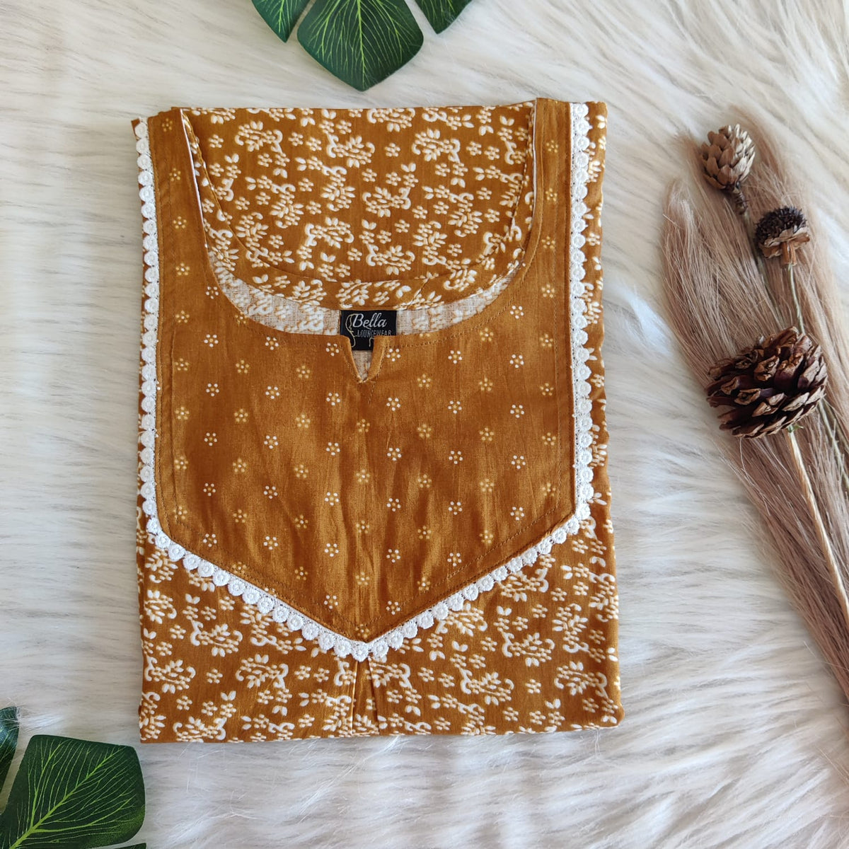 Mustard Yellow And White Printed Premium Cotton Mix N Match Lace Pocket Nighty | Free Size | Chest Width 44″| Length 56″