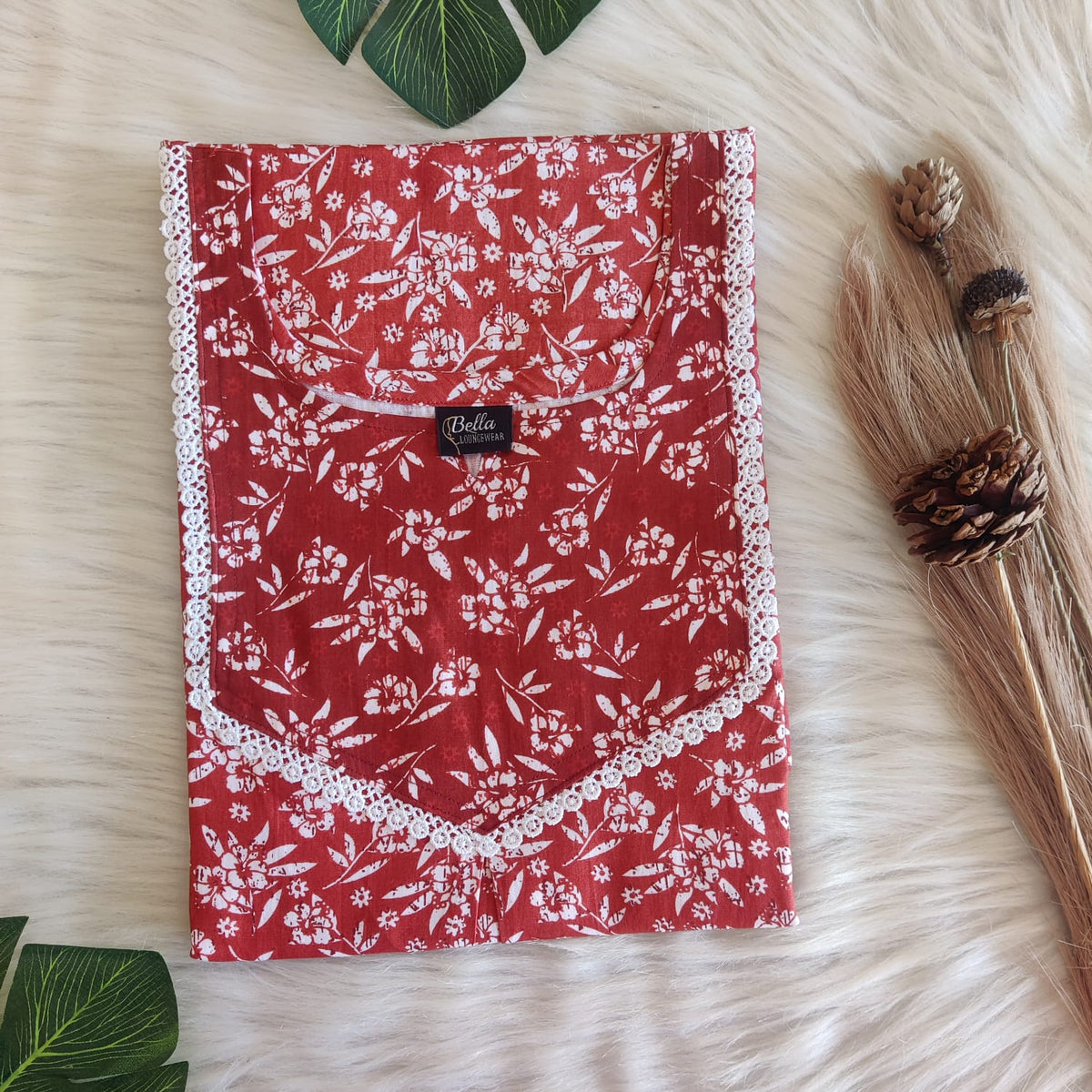 Dark And Pale Brown Printed Premium Cotton Mix N Match Lace Pocket Nighty | Free Size | Chest Width 44″| Length 56″
