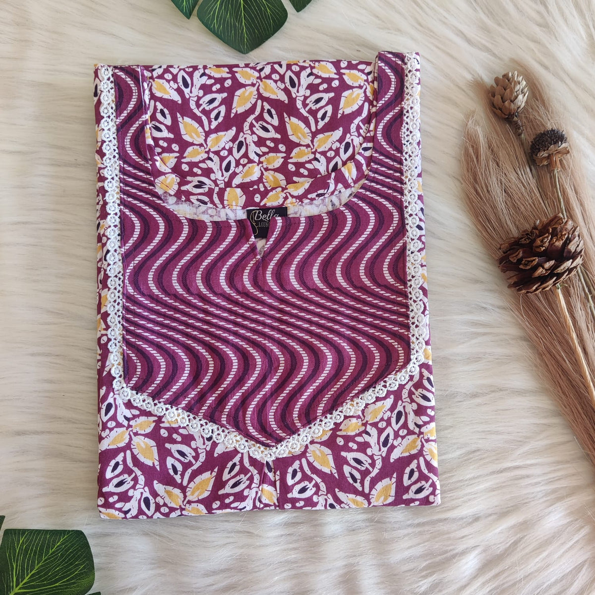 Mauve And Yellow Leaf Printed Premium Cotton Mix N Match Lace Pocket Nighty | Free Size | Chest Width 44″| Length 56″