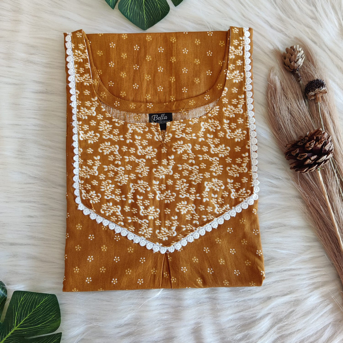 White And Mustard Yellow Printed Premium Cotton Mix N Match Lace Pocket Nighty | Free Size | Chest Width 44″| Length 56″