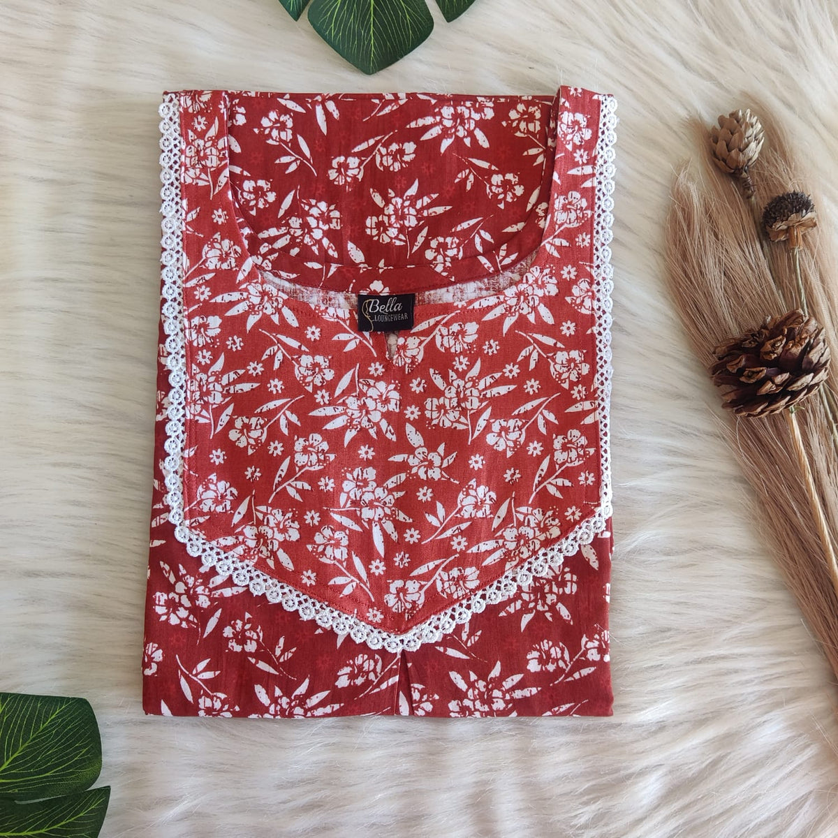 Pale And Dark Brown Printed Premium Cotton Mix N Match Lace Pocket Nighty | Free Size | Chest Width 44″| Length 56″