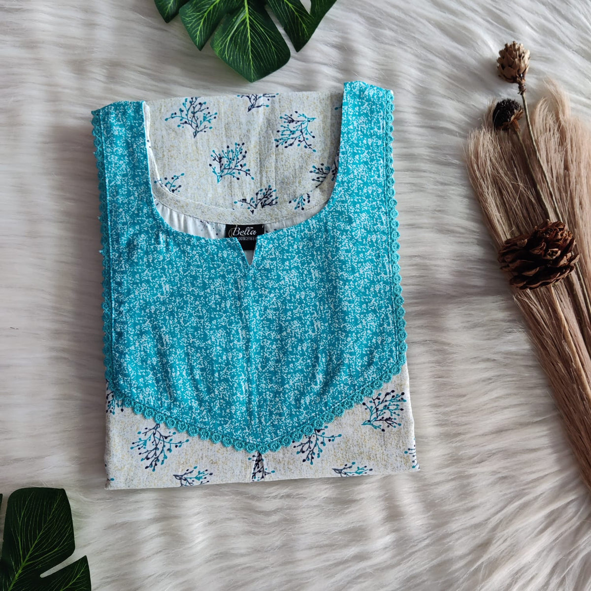 Aqua Blue And Beige Floral Printed Premium Cotton Mix N Match Lace Pocket Nighty | Free Size | Chest Width 44″| Length 56″