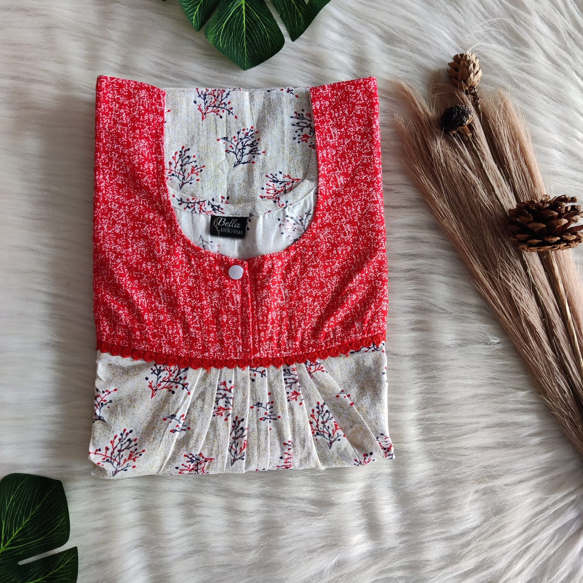 Red And Beige Printed Premium Cotton Lace Nighty | Free Size | Chest Width 44″| Length 54″-56″