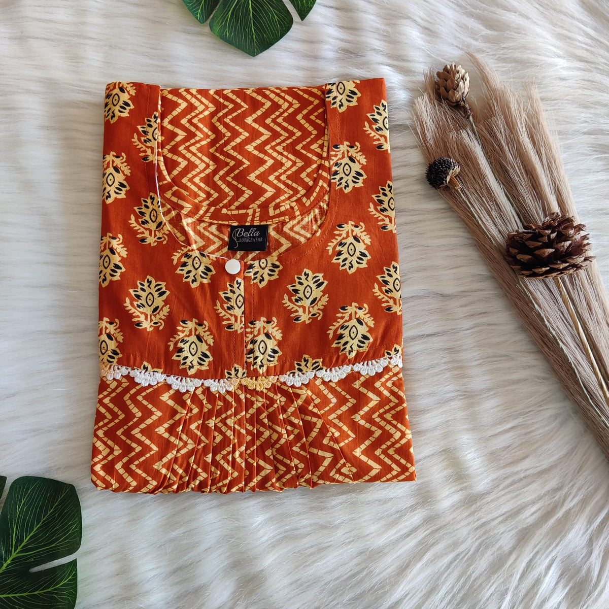 Rust Orange And Cream Printed Premium Cotton Lace Nighty | Free Size | Chest Width 44″| Length 54″-56″