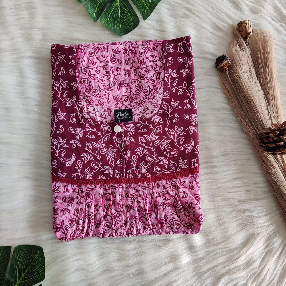 Maroon And Pink Floral Printed Premium Cotton Lace Nighty | Free Size | Chest Width 44″| Length 54″-56″