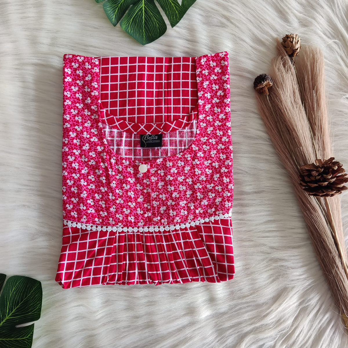 Peach And Red Printed Premium Cotton Lace Nighty | Free Size | Chest Width 44″| Length 54″-56″
