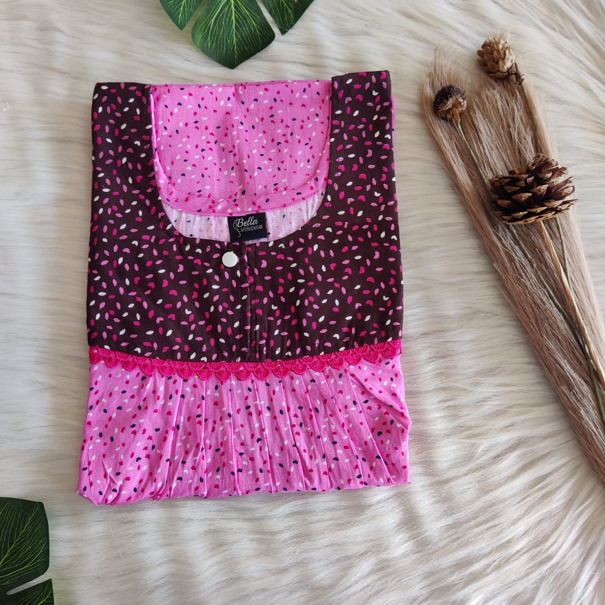Coffee Brown And Pink Printed Premium Cotton Lace Nighty | Free Size | Chest Width 44″| Length 54″-56″