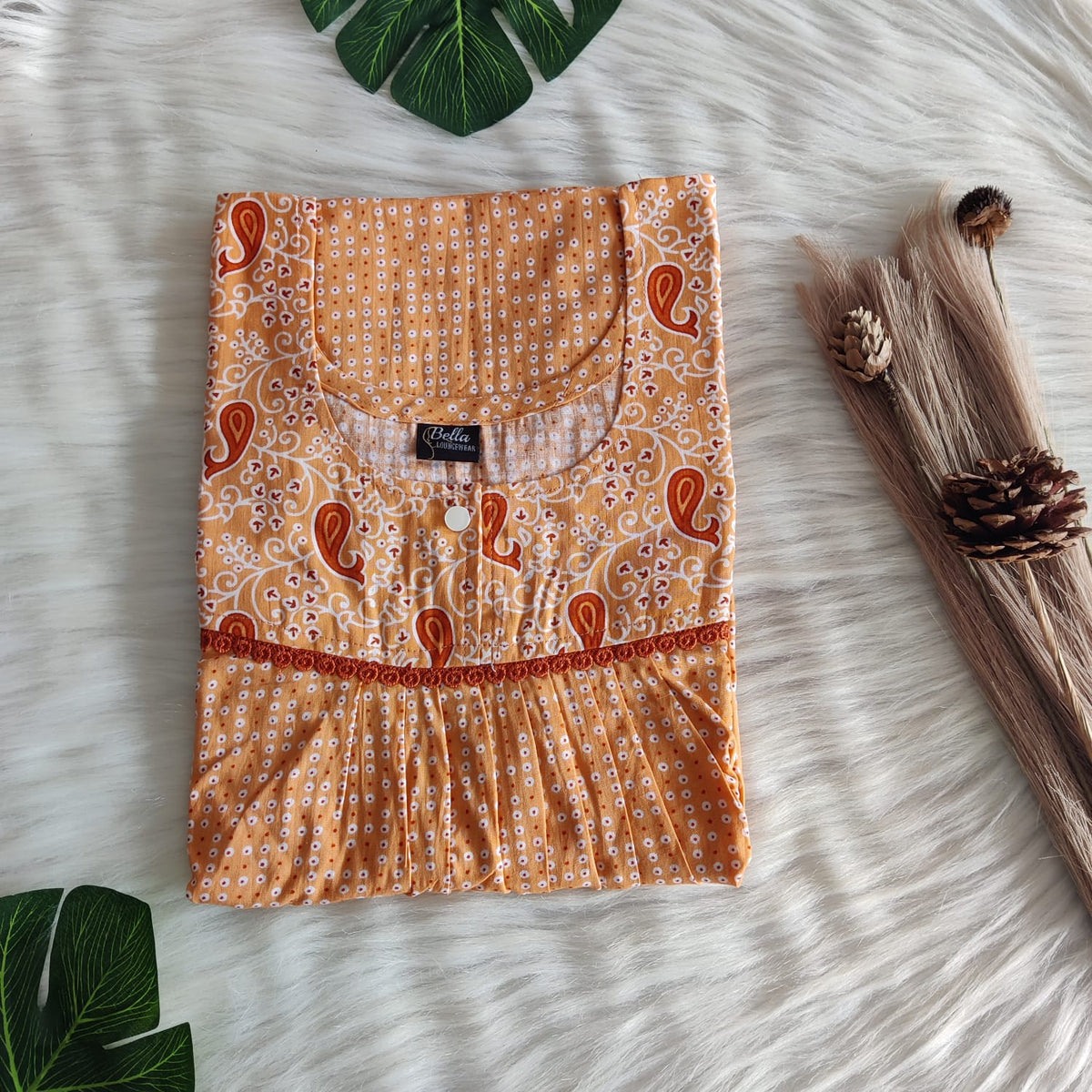 Dark And Pale Orange Dot Printed Premium Cotton Lace Nighty | Free Size | Chest Width 44″| Length 54″-56″|