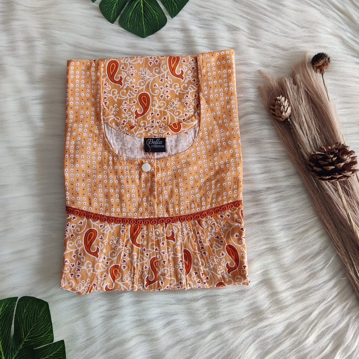 Pale And Dark Orange Kalamkari Printed Premium Cotton Lace Nighty | Free Size | Chest Width 44″| Length 54″-56″|
