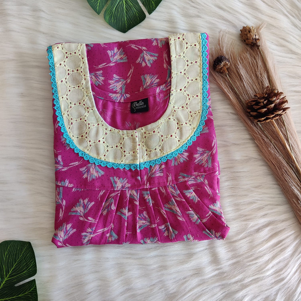 Pink Printed Alfine Hakoba Lace Nighty | Free Size | Chest Width 44″| Length 54″-56″