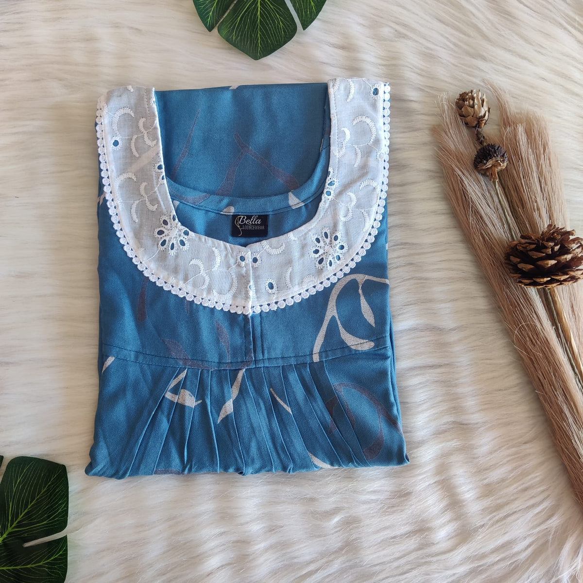 Blue Printed Alfine Hakoba Lace Nighty | Free Size | Chest Width 44″| Length 54″-56″