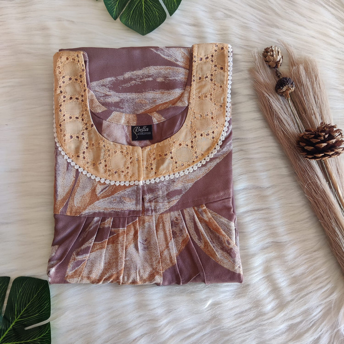 Brown And Cream Printed Alfine Hakoba Lace Nighty | Free Size | Chest Width 44″| Length 54″-56″