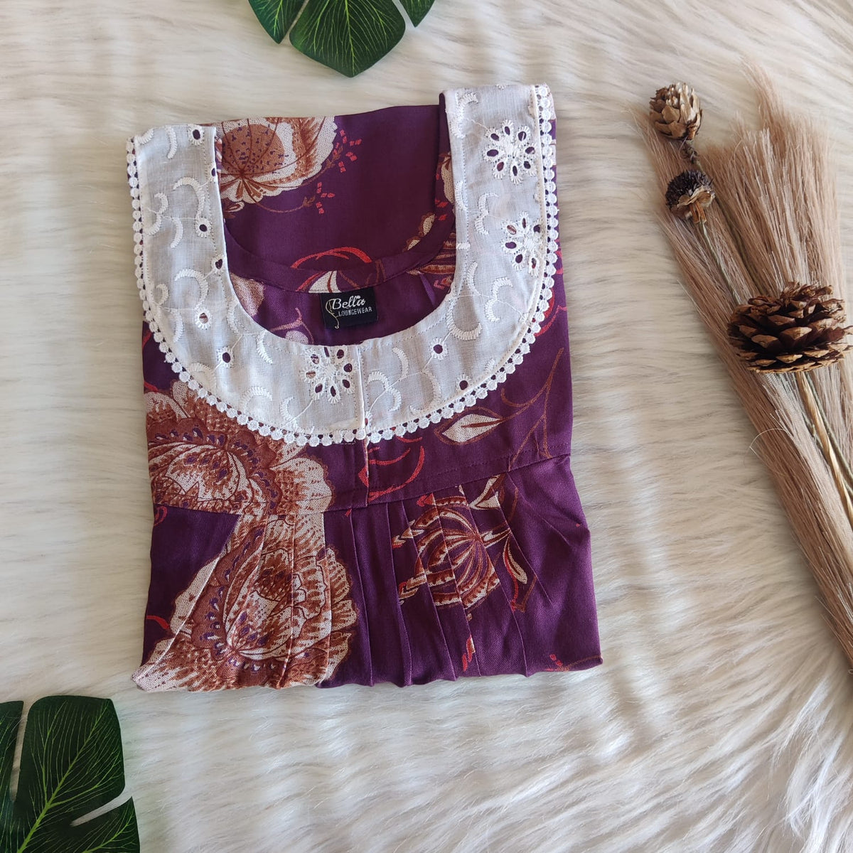 Violet Floral Printed Alfine Hakoba Lace Nighty | Free Size | Chest Width 44″| Length 54″-56″