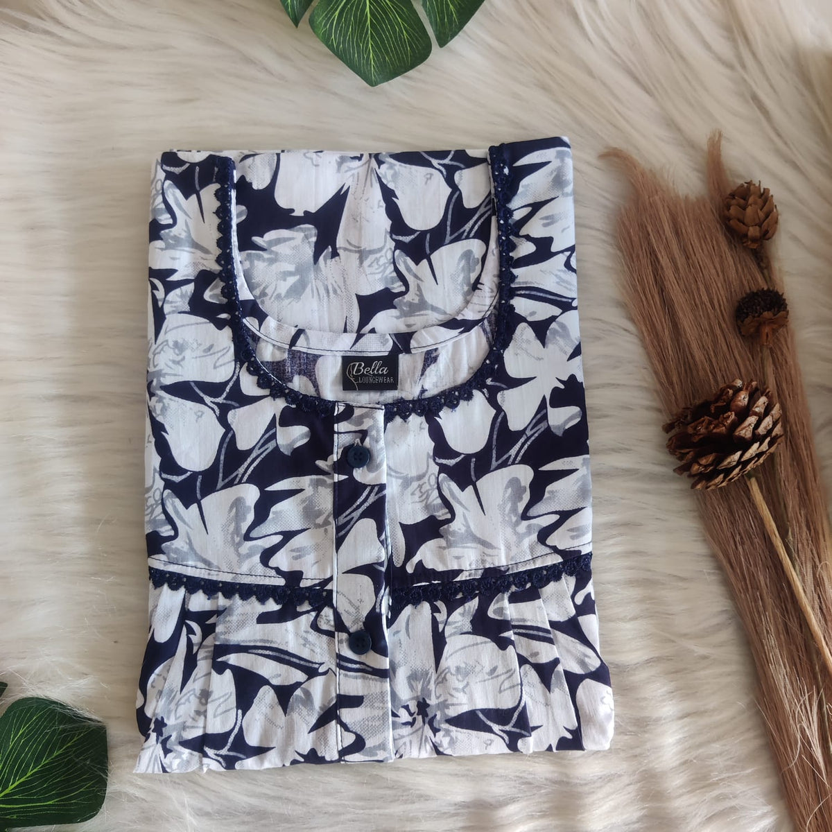 White And Navy- Blue Floral Printed Premium Cotton Lace Button Nighty | Free Size | Chest Width 44″| Length 54″-56″