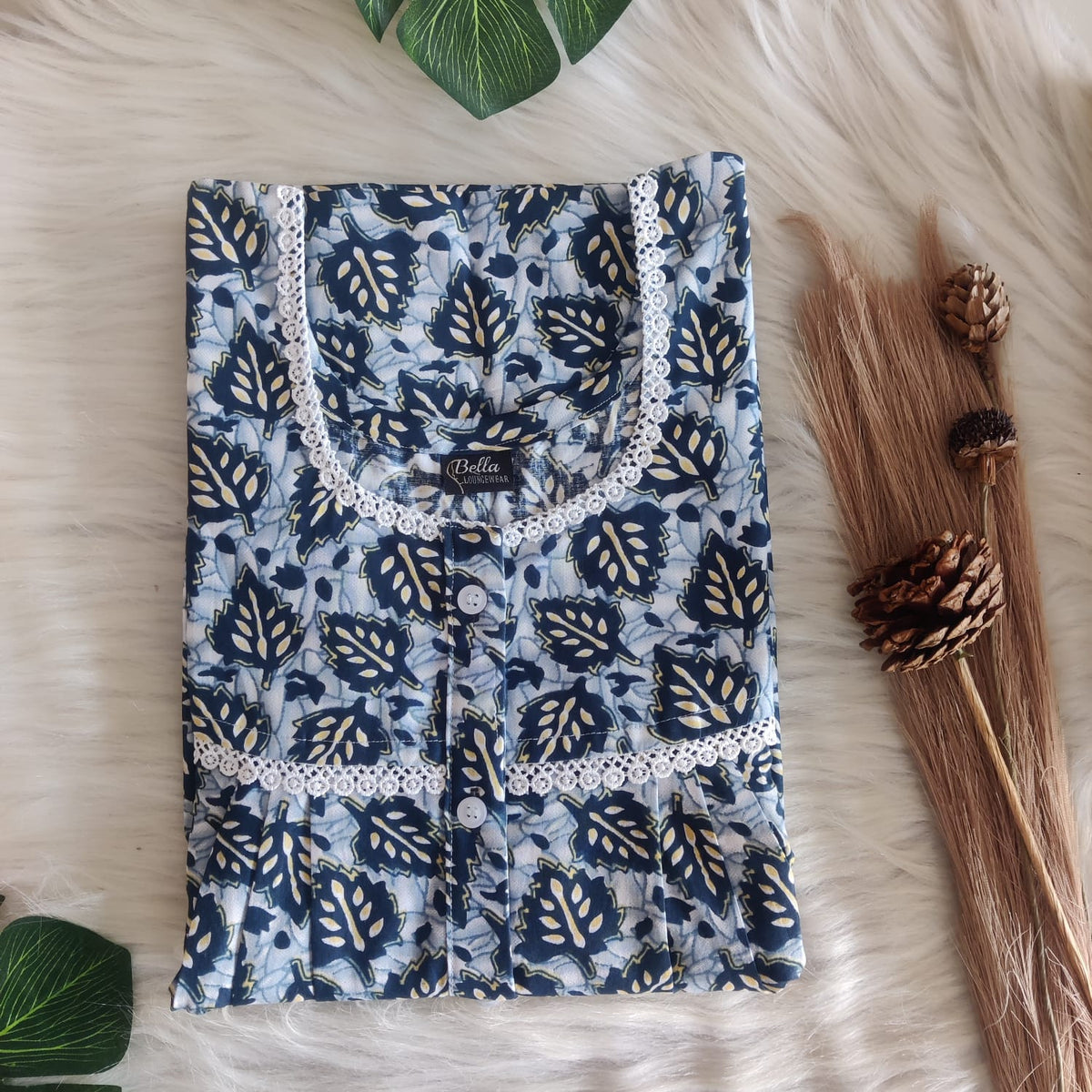 Blue Leaf Printed Premium Cotton Lace Button Nighty | Free Size | Chest Width 44″| Length 54″-56″