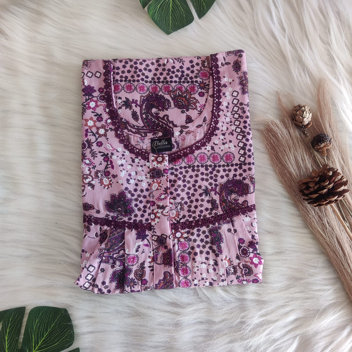 Mauve Pink Floral Printed Premium Cotton Lace Button Nighty | Free Size | Chest Width 44″| Length 54″-56″