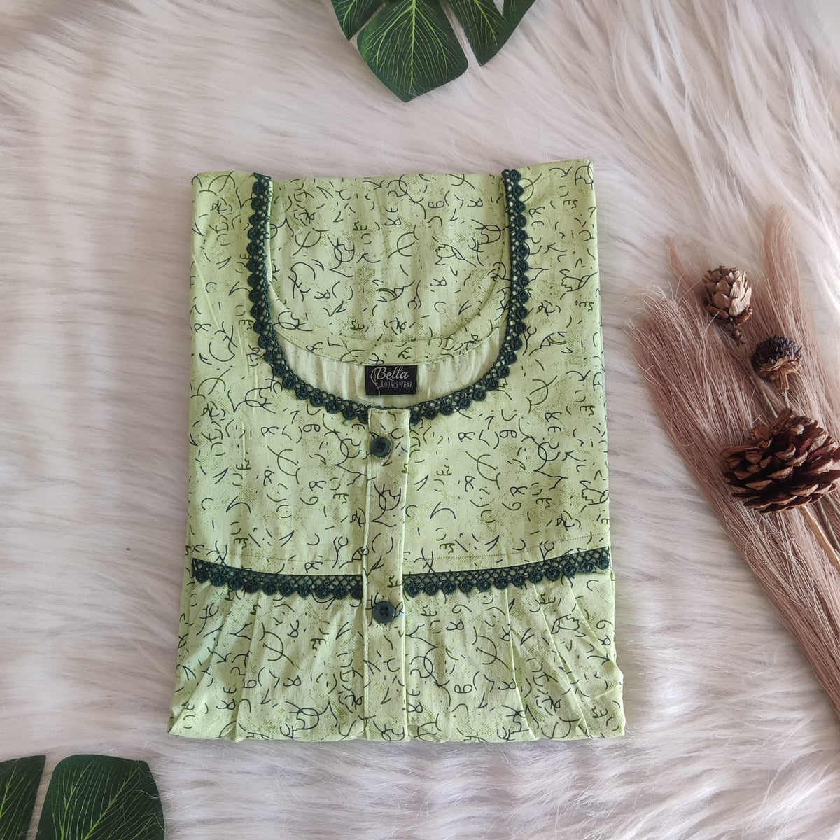 Pista Green Printed Premium Cotton Lace Button Nighty | Free Size | Chest Width 44″| Length 54″-56″