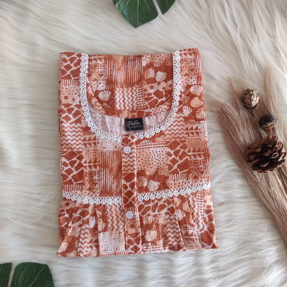 Rust Orange Printed Premium Cotton Lace Button Nighty | Free Size | Chest Width 44″| Length 54″-56″
