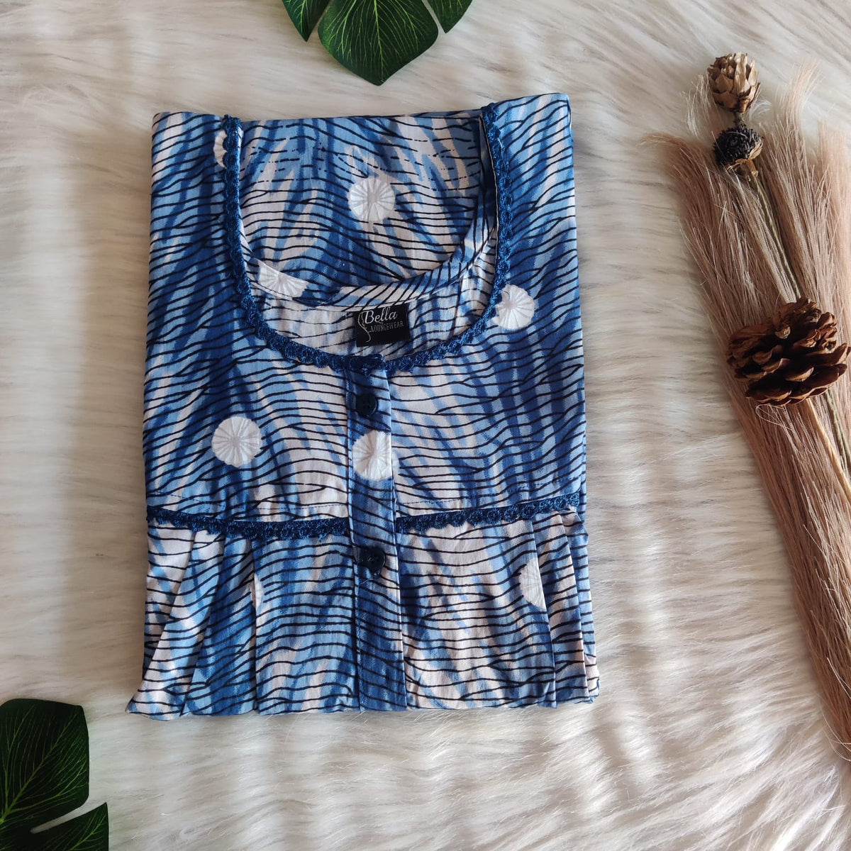 Blue And White Printed Premium Cotton Lace Button Nighty | Free Size | Chest Width 44″| Length 54″-56″